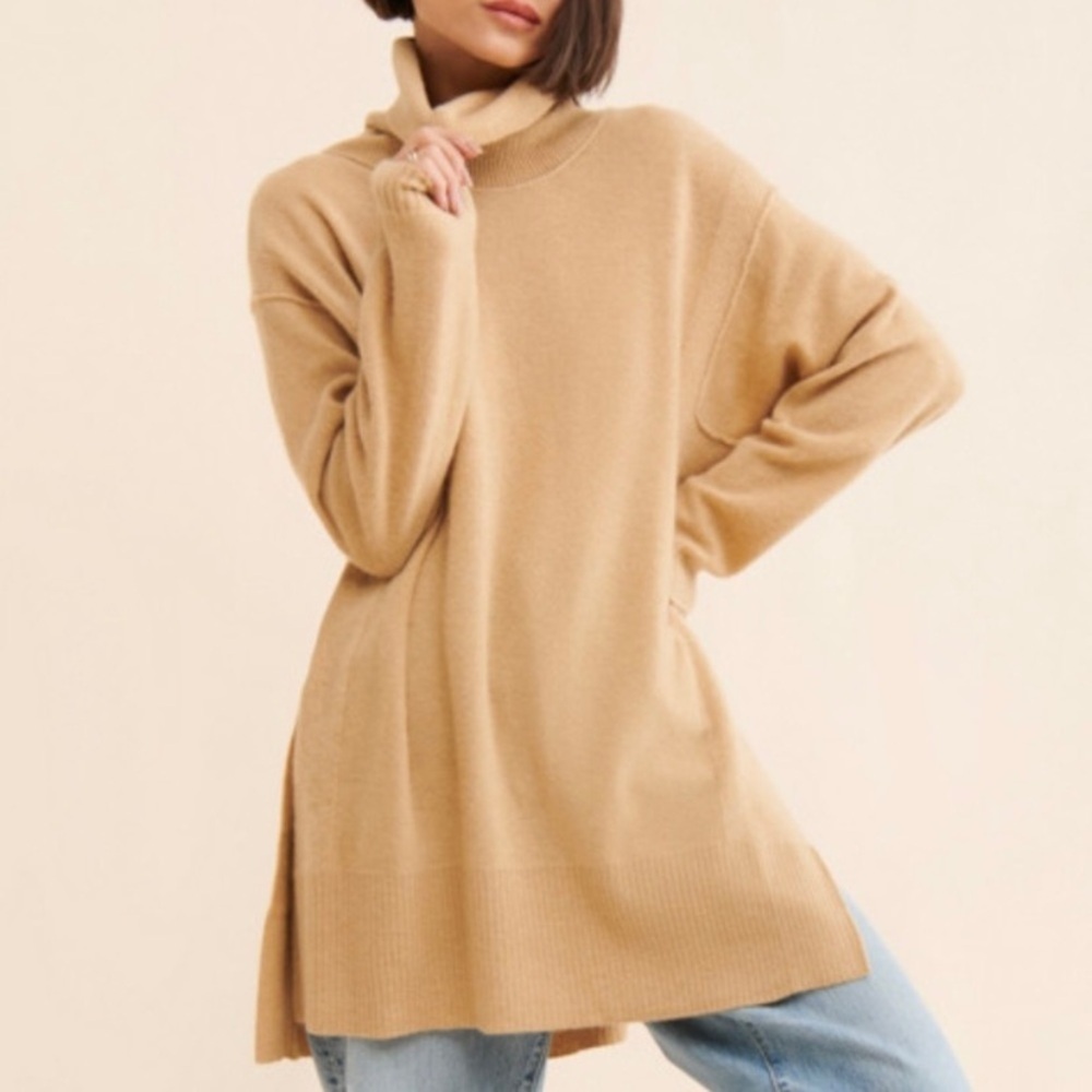 We the Free Jessie Cashmere Turtleneck Tunic Sweater, Tan‎ - Picture 2 of 9